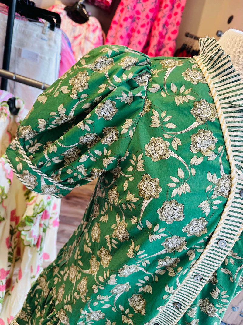 Green Split Neck Floral Button Dress