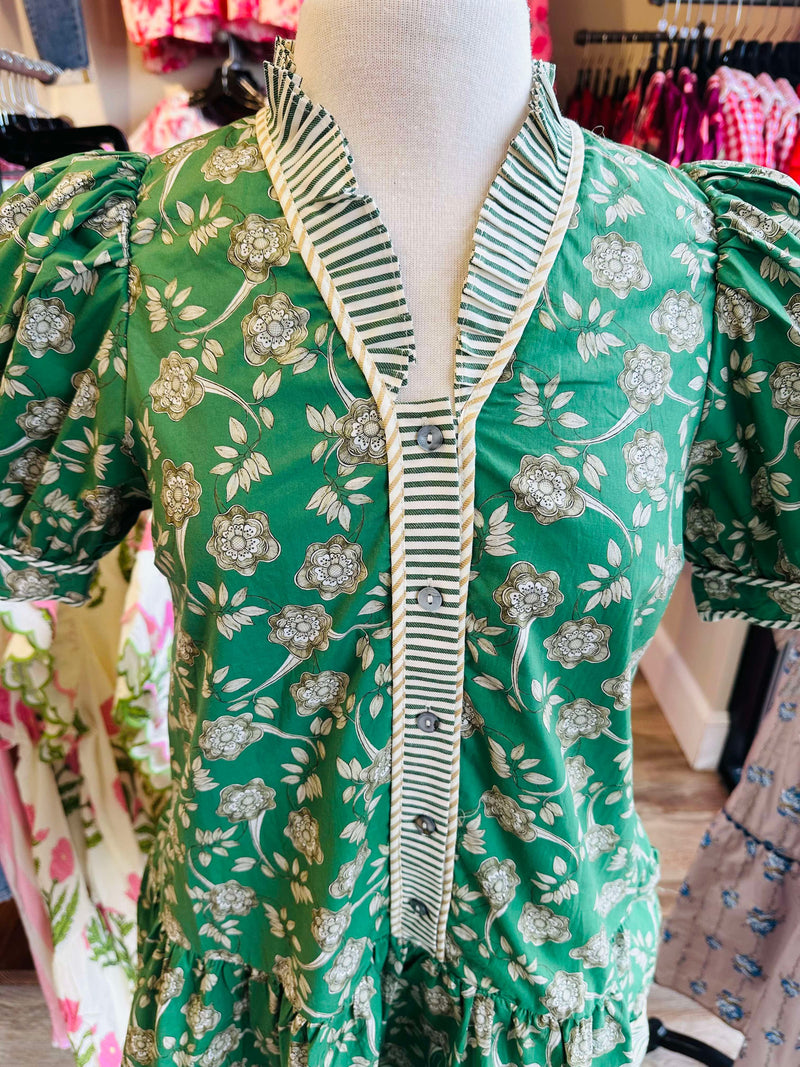 Green Split Neck Floral Button Dress