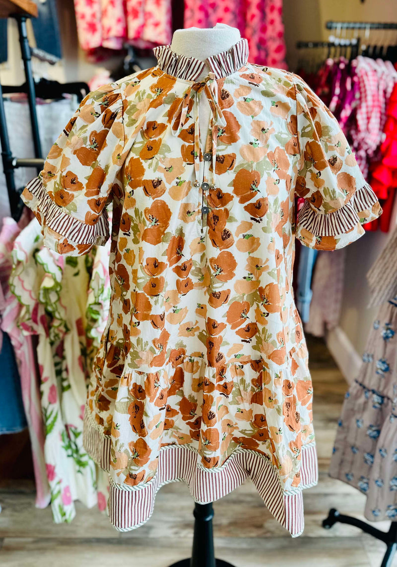 Rust Floral Split Neck Dress