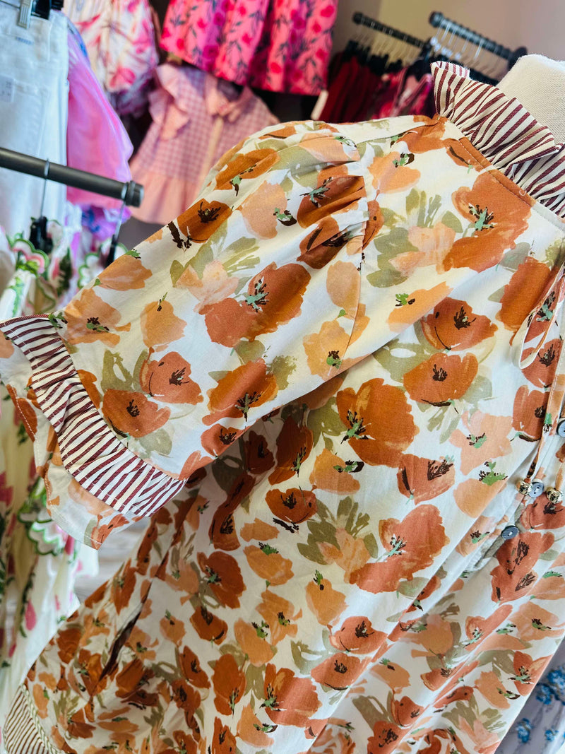 Rust Floral Split Neck Dress