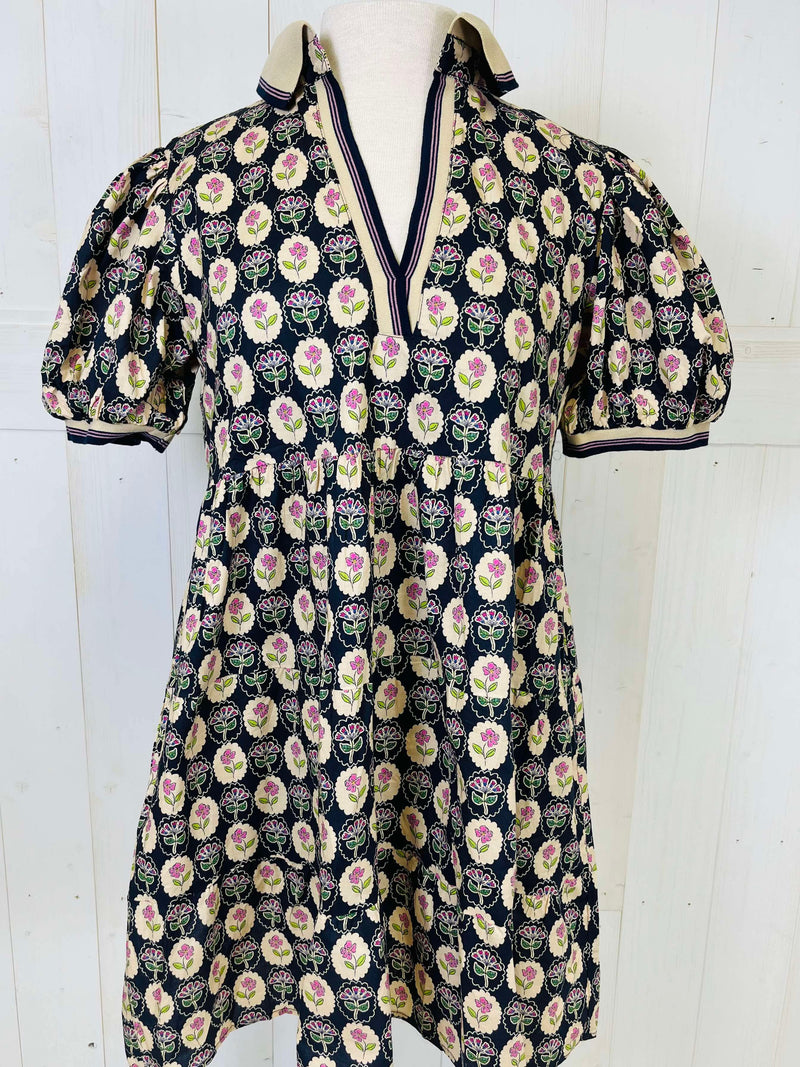 Navy Floral Split Neck Dress