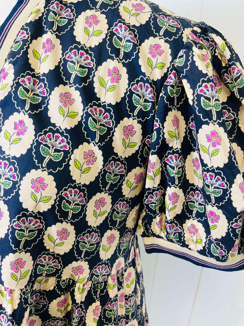 Navy Floral Split Neck Dress