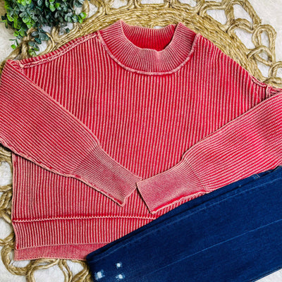 Dark Red Washed Side Slit Oversized Cropped Sweater