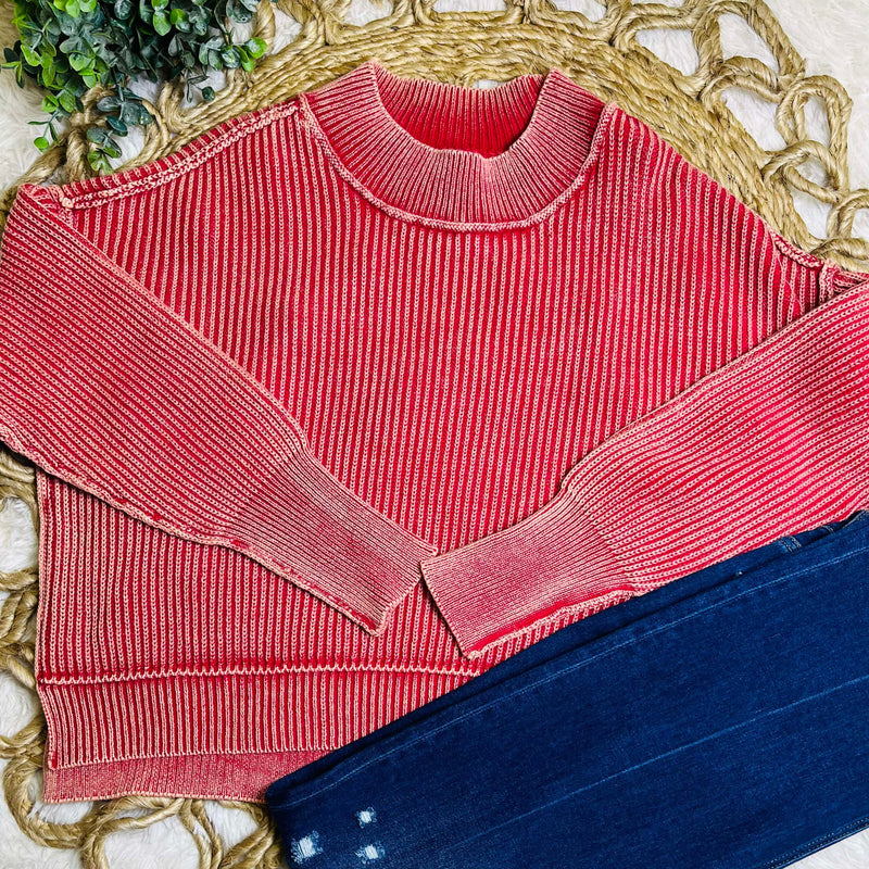 Dark Red Washed Side Slit Oversized Cropped Sweater