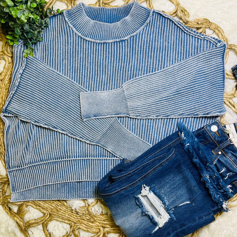Dusty Blue Washed Side Slit Oversized Cropped Sweater