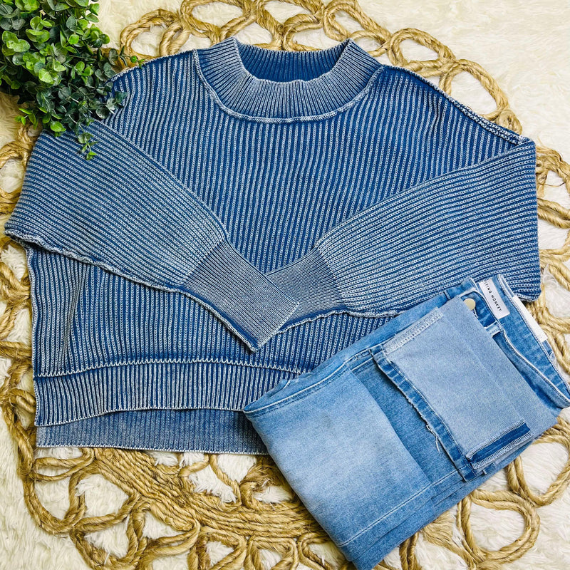 Classic Blue Washed Side Slit Oversized Cropped Sweater