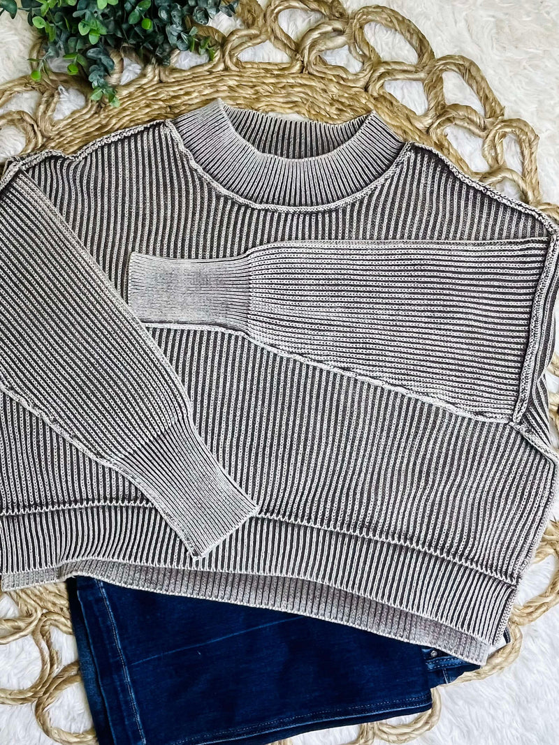 Mocha Washed Side Slit Oversized Cropped Sweater