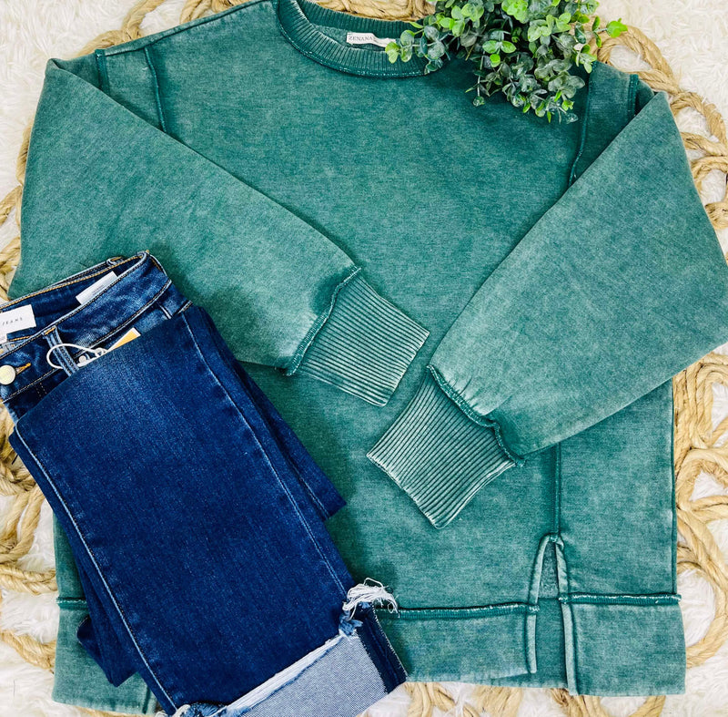 Forest Green Acid Wash Exposed Seem Sweatshirt