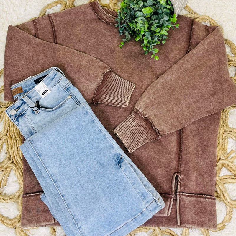 Brown Acid Wash Exposed Seem Sweatshirt
