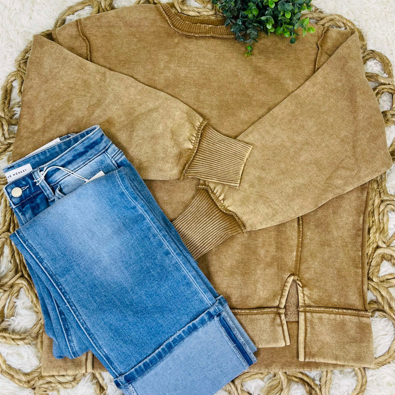 Camel Acid Wash Exposed Seem Sweatshirt
