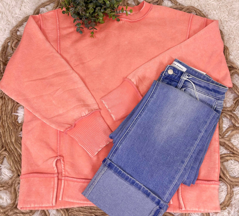 Coral Acid Wash Exposed Seem Sweatshirt