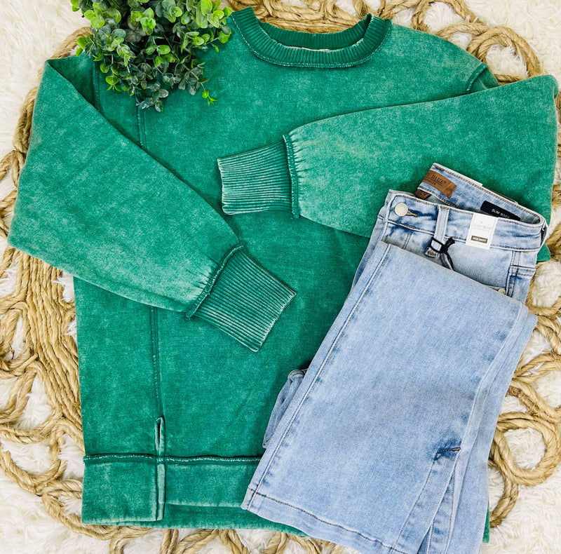 Dark Green Acid Wash Exposed Seem Sweatshirt