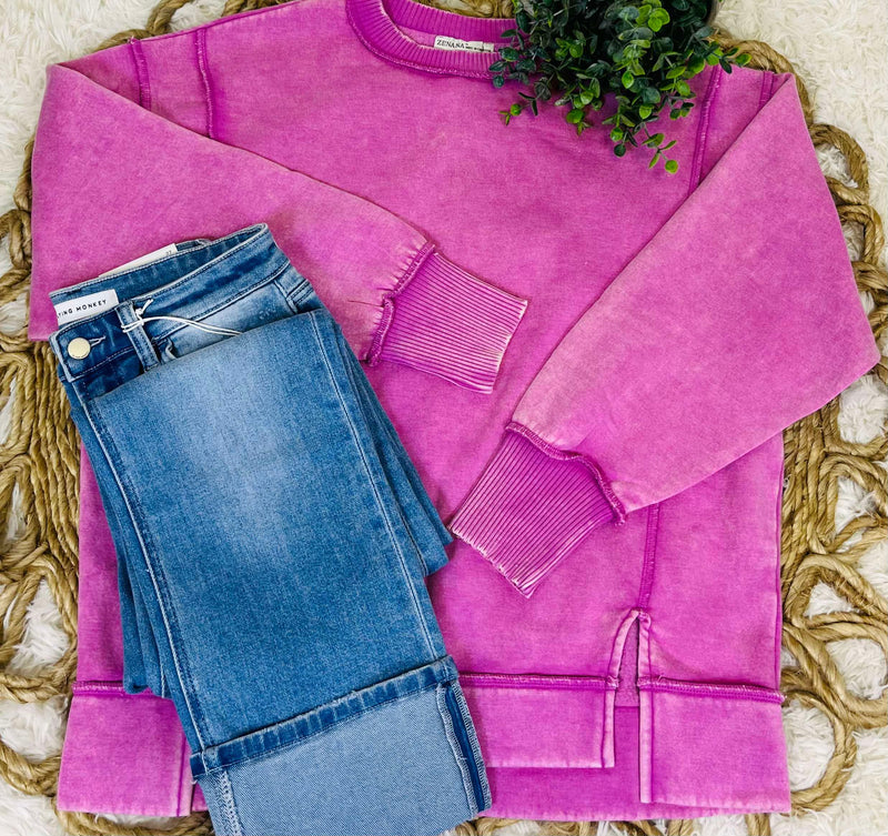 Dark Pink Acid Wash Exposed Seem Sweatshirt