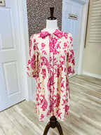 Women’s Fuchsia Button Down Mini Dress with Side Ties and Ric-Rac Trim