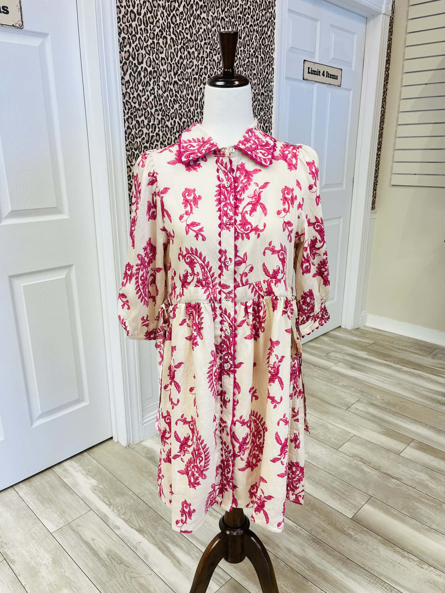 Women’s Fuchsia Button Down Mini Dress with Side Ties and Ric-Rac Trim
