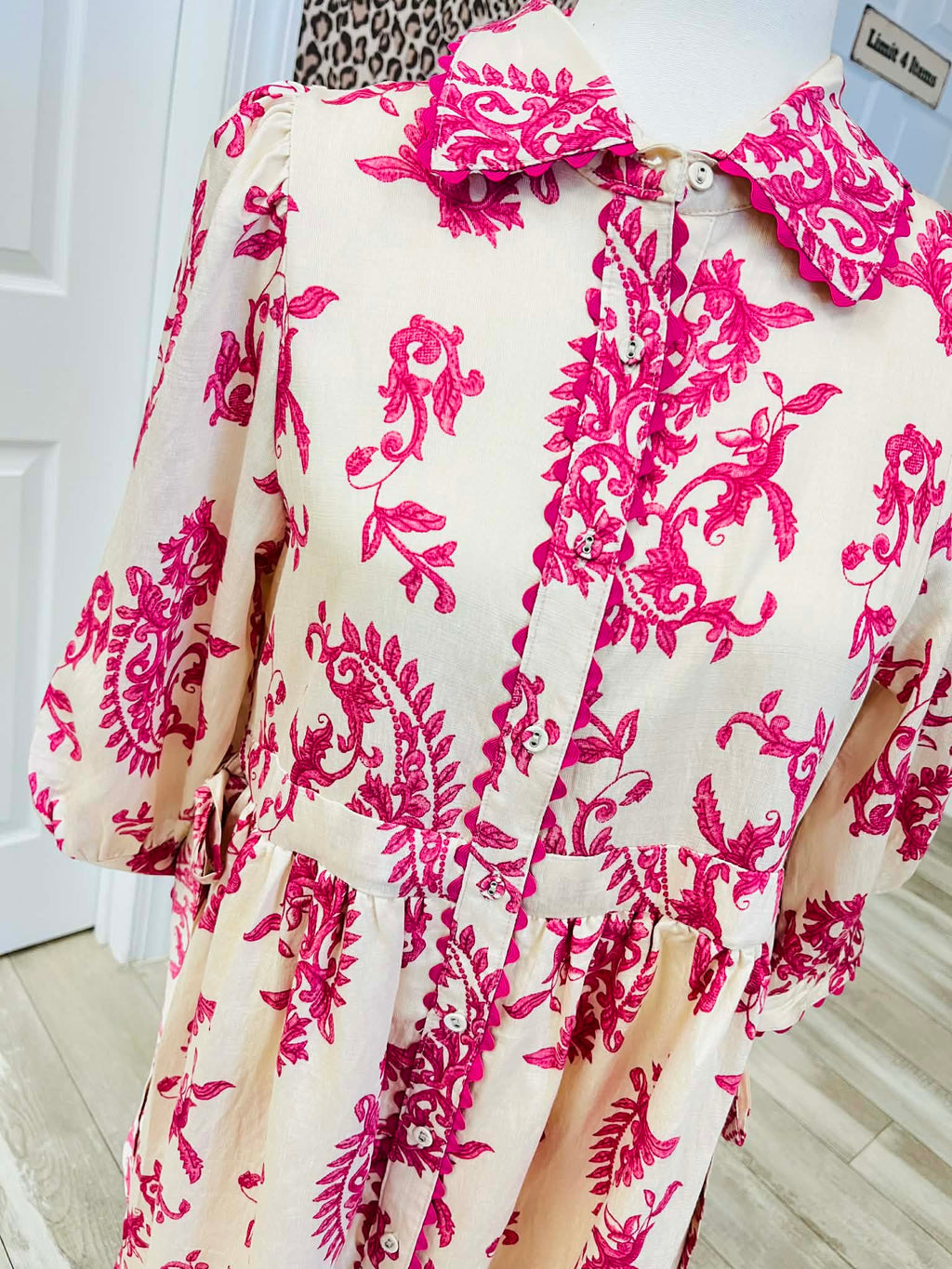 Women’s Fuchsia Button Down Mini Dress with Side Ties and Ric-Rac Trim