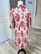 Women’s Fuchsia Button Down Mini Dress with Side Ties and Ric-Rac Trim