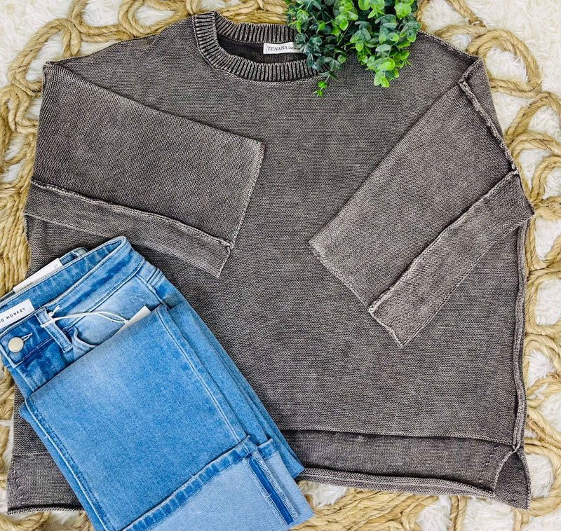 Brown Washed 3/4 Sleeve Boxy Sweater