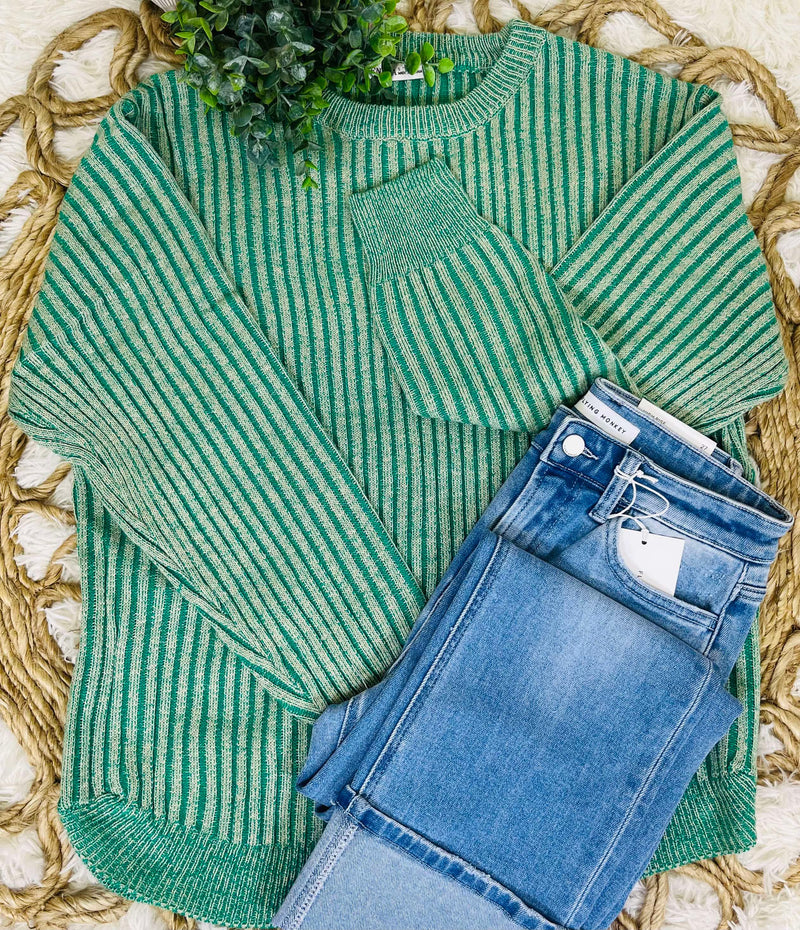 Kelly Green Curved Hem 2 Tone Sweater