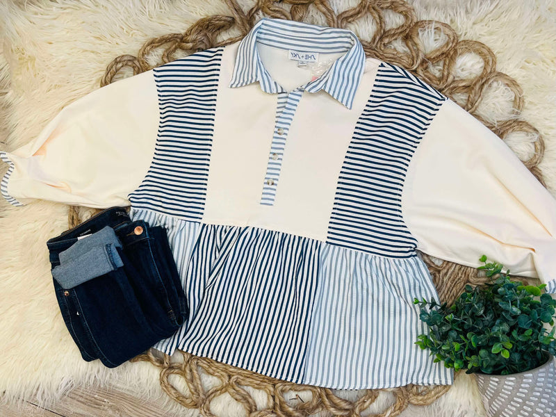Navy Half Sleeve Mixed Stripe Top
