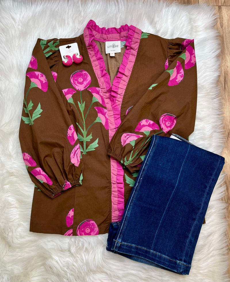 Umgee Mocha Floral Split Neck Top