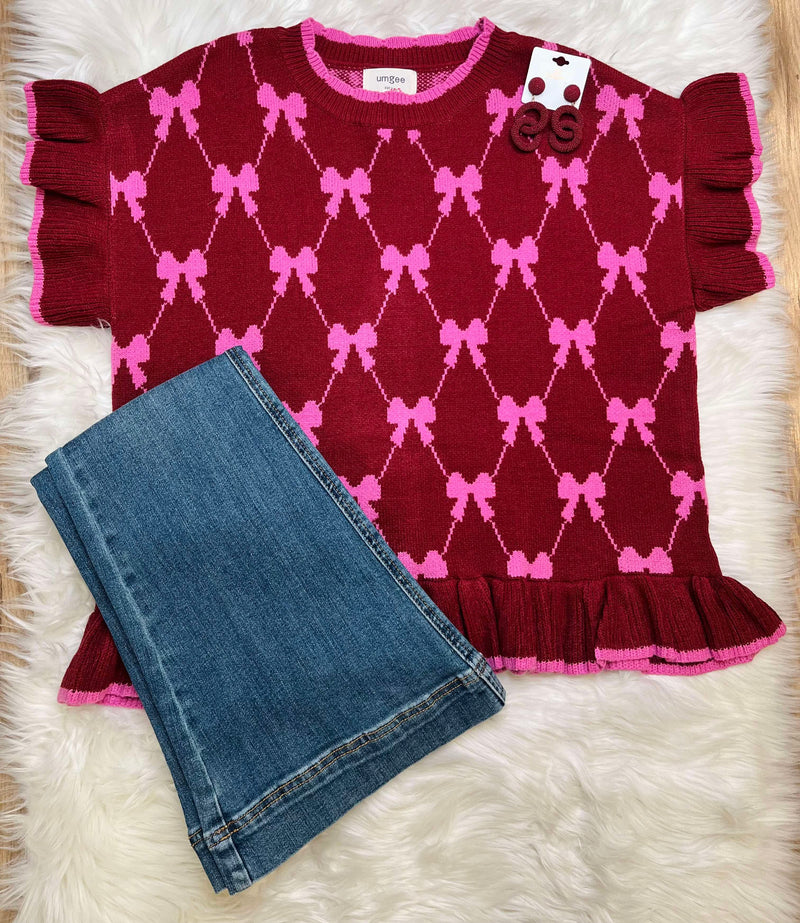 Umgee Bow Sweater with Ruffle Trim