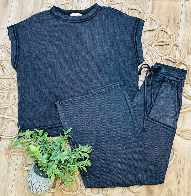 Zenana Ribbed Acid Wash Pants Set Black