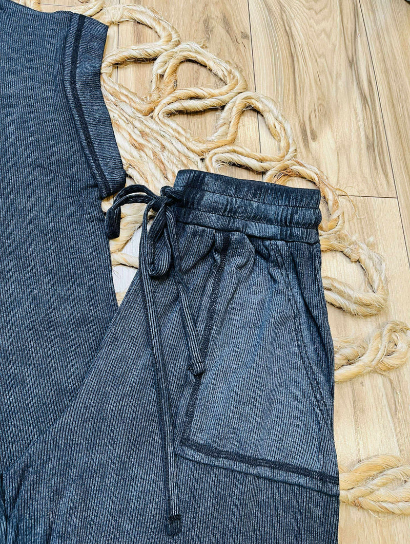 Zenana Ribbed Acid Wash Pants Set Black