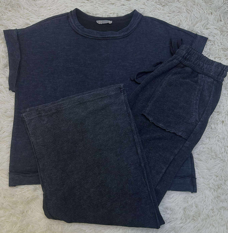 Zenana Washed Short Sleeve Pant Set Black