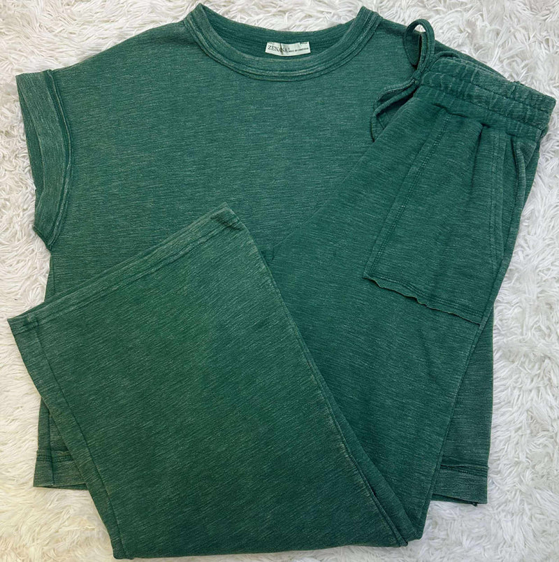 Zenana Washed Short Sleeve Pant Set Dark Green