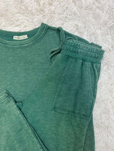 Zenana Washed Short Sleeve Pant Set Dark Green