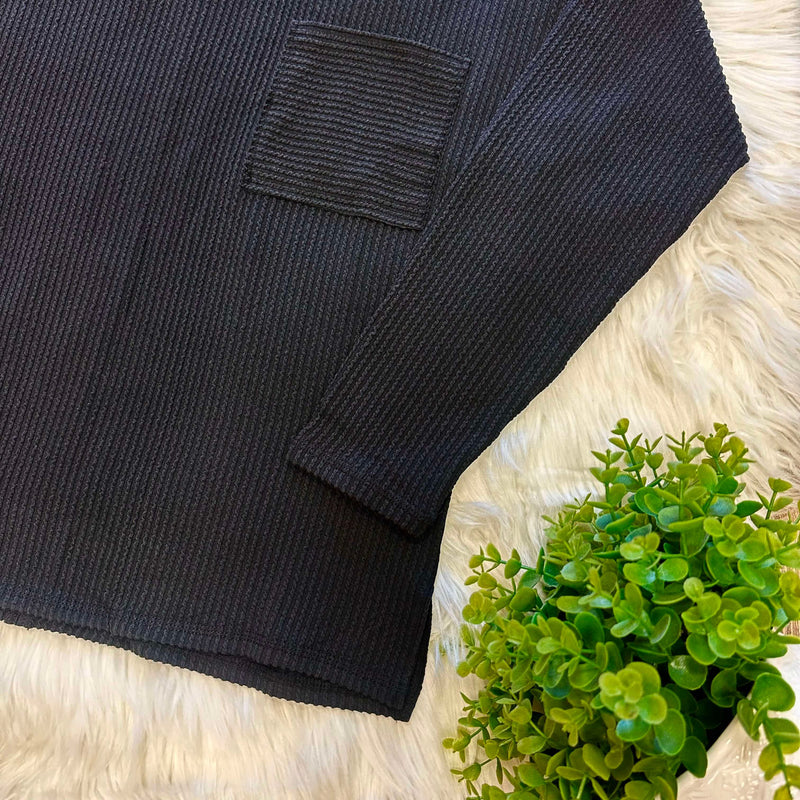 Zenana Ribbed Raw Edge Pocket Top Black