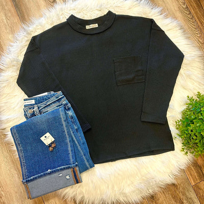 Zenana Ribbed Raw Edge Pocket Top Black