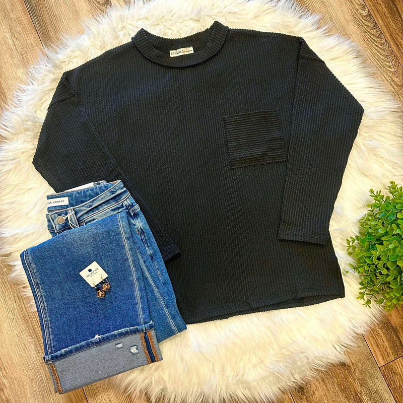 Zenana Ribbed Raw Edge Pocket Top Black