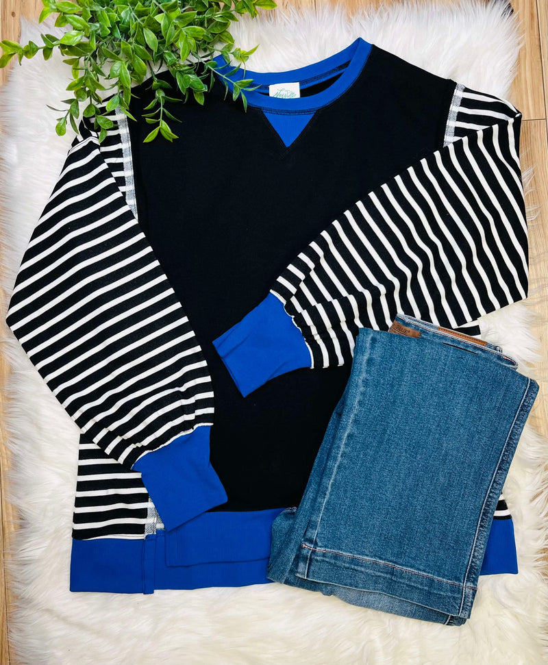 Black Stripe with Royal Accent  Pullover Top