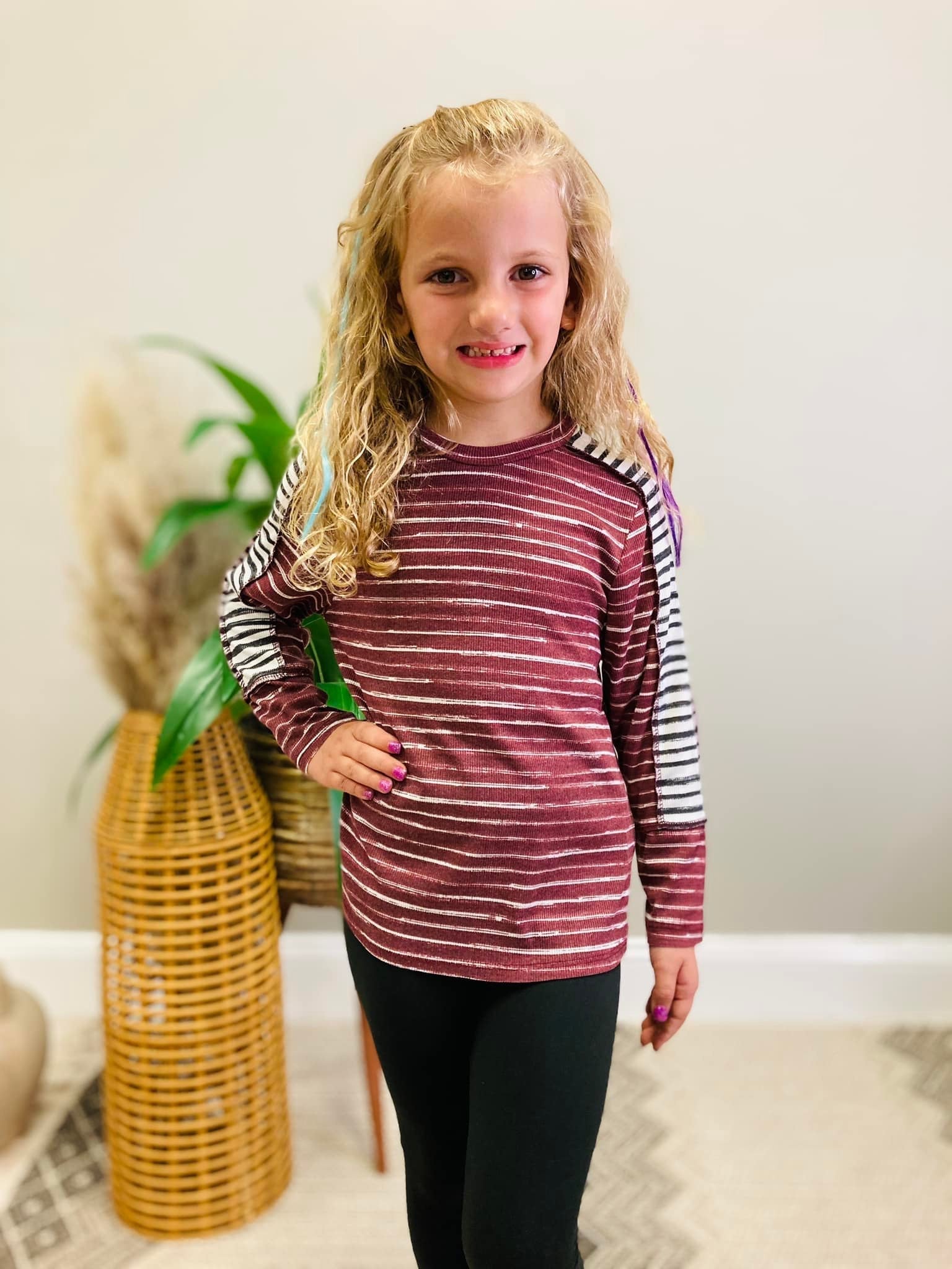 Girl’s Maroon Stripe Long Sleeve