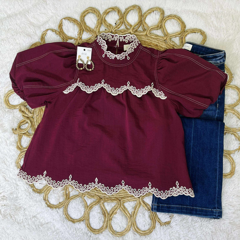 Entro Burgundy Lace Trim Puff Sleeve Top