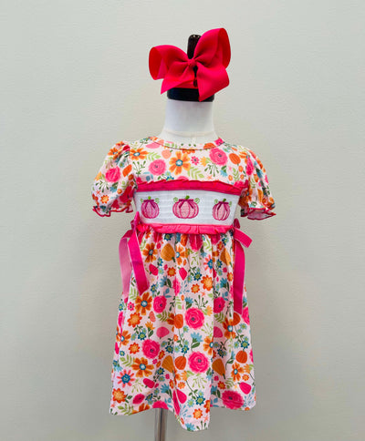 Girls Smocked Pumpkin Bow Dress