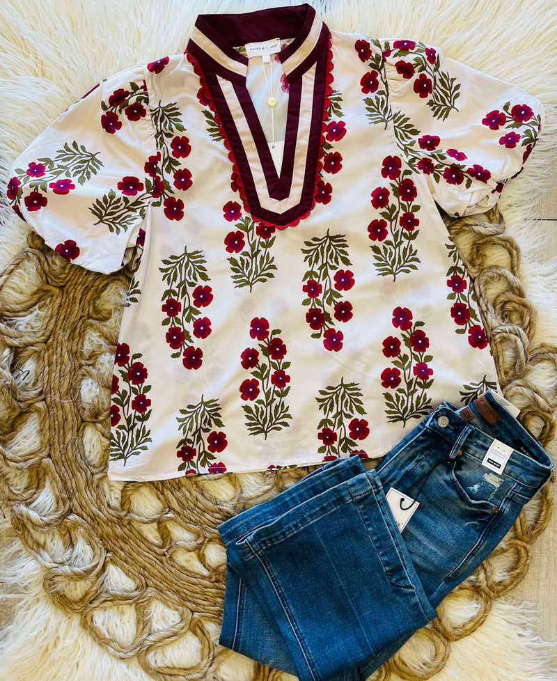 Entro Split Neck Floral Puff Sleeve Top