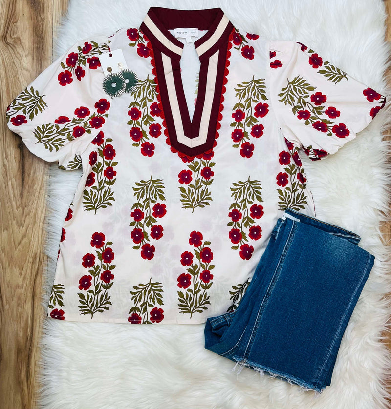Entro Split Neck Floral Puff Sleeve Top