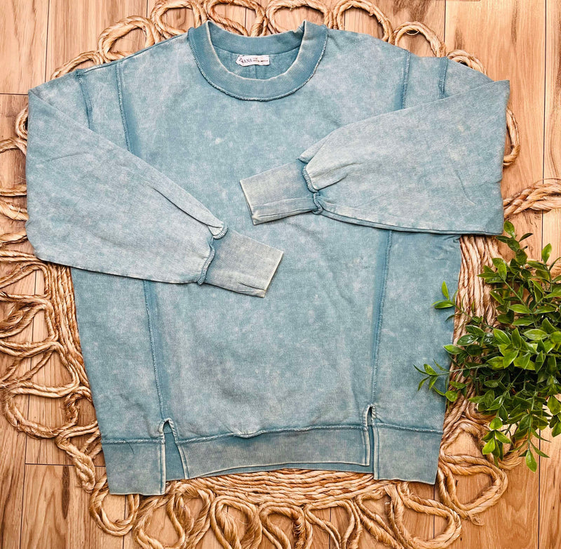 Zenana Acid Wash Terry Exposed Seam Sweat Shirt Ash Blue