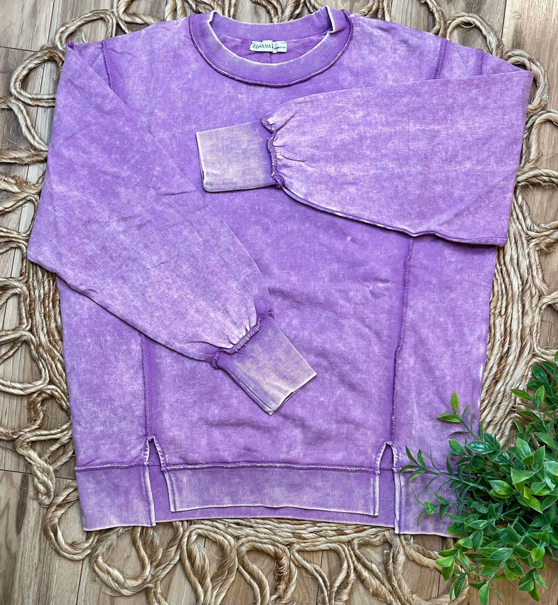 Zenana Acid Wash Terry Exposed Seam Sweat Shirt Violet