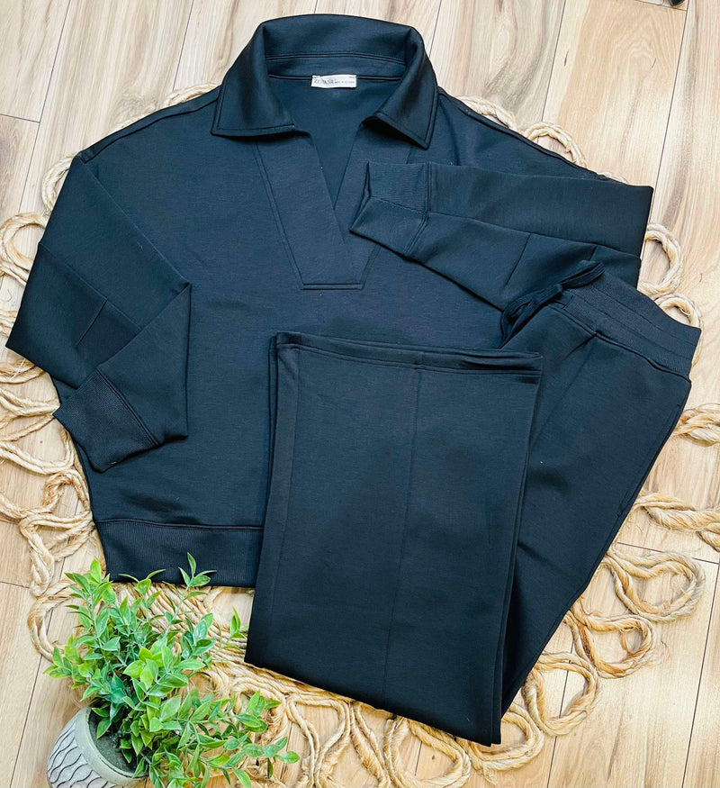 Zenana Scuba Collared  Pullover Pant Set Black