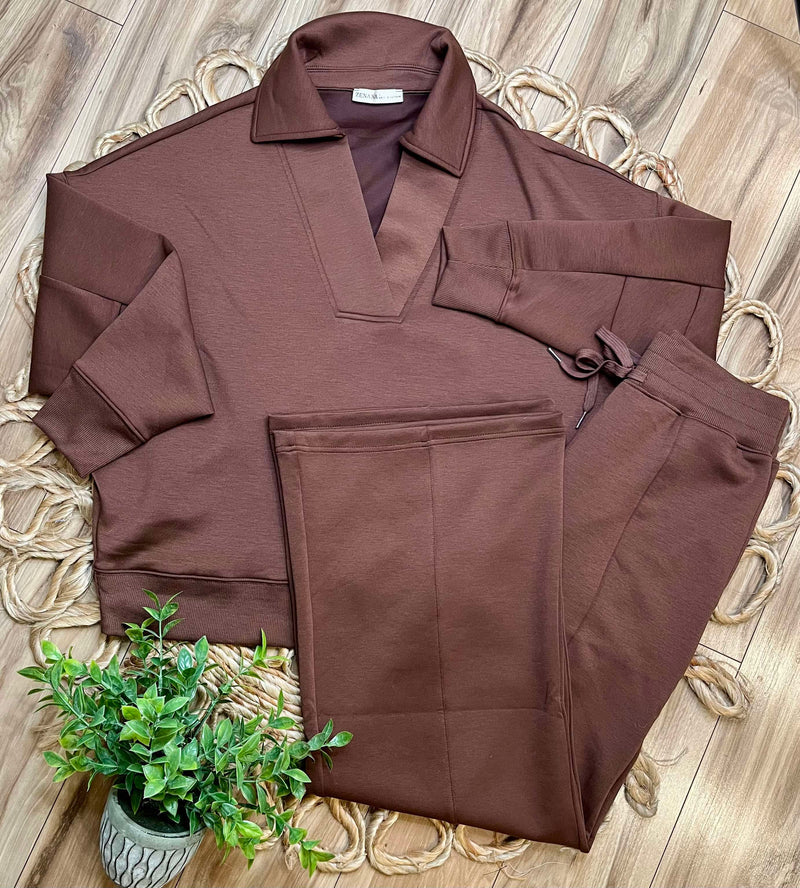 Zenana Scuba Collared  Pullover Pant Set Brown