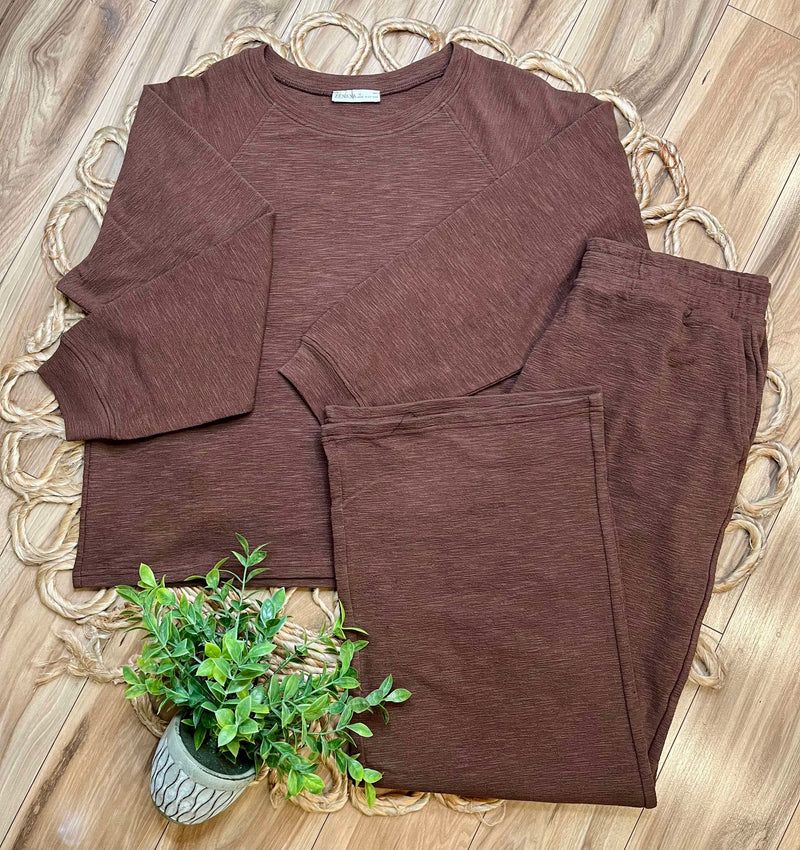 Zenana Curvy Long Sleeve Lounge Set Brown