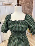 Women’s Evermmee Green Plaid Smocked Square Neck Midi Dress with Pockets - True to size