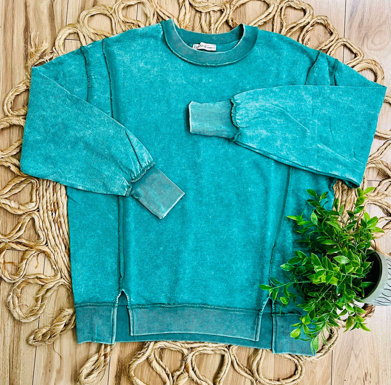 Zenana Acid Wash Terry Exposed Seam Sweat Shirt Kelly Green