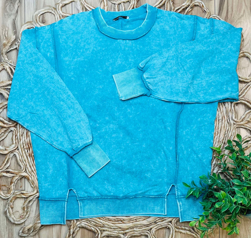 Zenana Acid Wash Terry Exposed Seam Sweat Shirt Light Teal