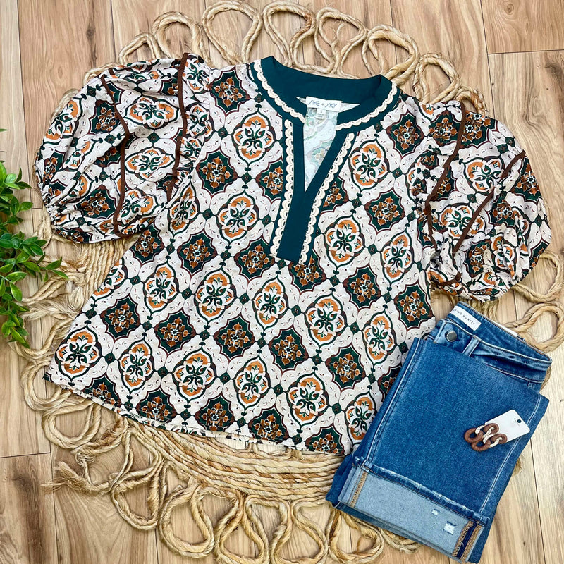 Green and Camel Contrast V Neck Mixed Print Top