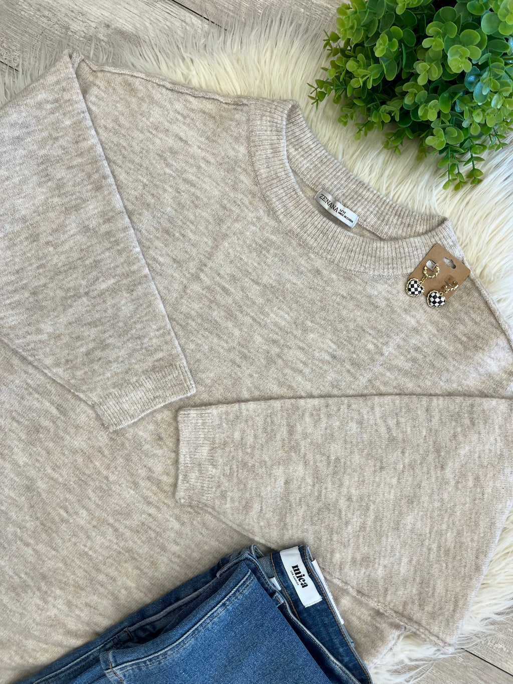 Women’s Zenana Shoulder - Drop Sweater Top in Beige